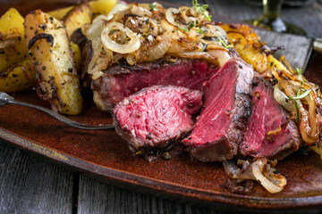 Traditional barbecue wagyu rib eye beef steak very rare and sliced with fried onions and potatoes offered as closeup on a rustic design plate