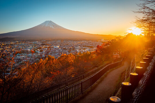 Sunset at mount Fuji. Autumn evening in Japan. Mountain area. The city of Fujiyoshida in the Japanese mountains. Autumn trip to East Asia. Life in a Japanese city. Beautiful natural landscape.