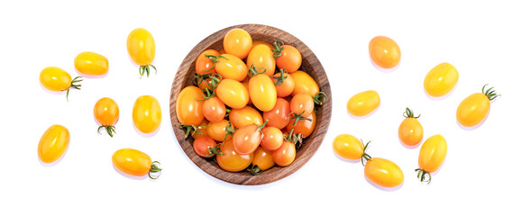 yellow cherry tomatoes isolated on white background. Top view food background. Place for text