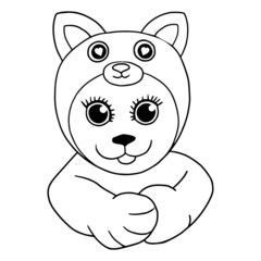 Hand drawn dog face with big eyes, protruding tongue in cat costume - cartoon illustration for holidays. Vector character for printing, baby clothes, t-shirts, baby, greeting card