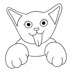 Hand drawn happy welcoming cat face with big eyes and protruding tongue - cartoon illustration for greeting and welcome card. Vector character for printing, baby clothes, t-shirts, baby, greeting