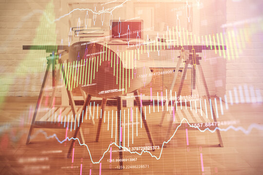Multi exposure of financial graph drawing and office interior background. Concept of market analysis. - Powered by Adobe