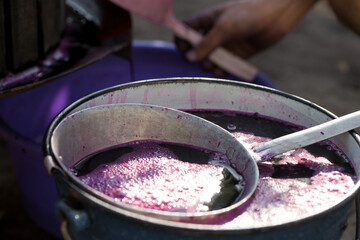 The winemaker pours grape juice for transportation into barrels.