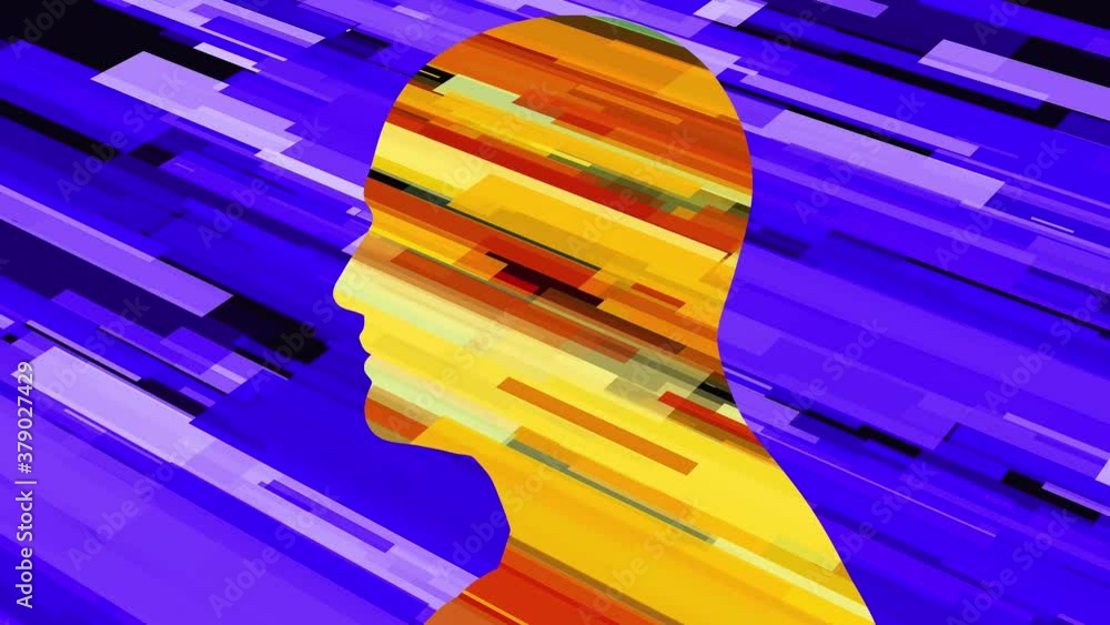 Poster computer generated human profile with colored stripes. 3d rendering of man silhouette and futuristic