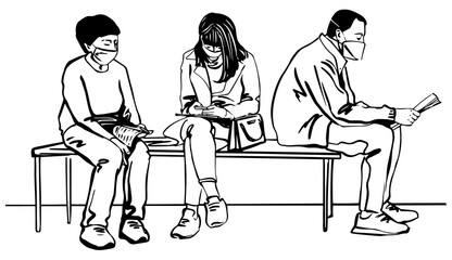 Sketch Group of people wearing a mask sitting in a waiting room. Hand drawn black line vector illustration