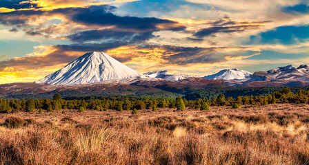 Fototapeta premium Fiery skies over the snow capped peaks in the desert Road featuring Mount_Ngauruhoe