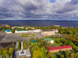 Aerial panorama of city, view of square, theater and lake