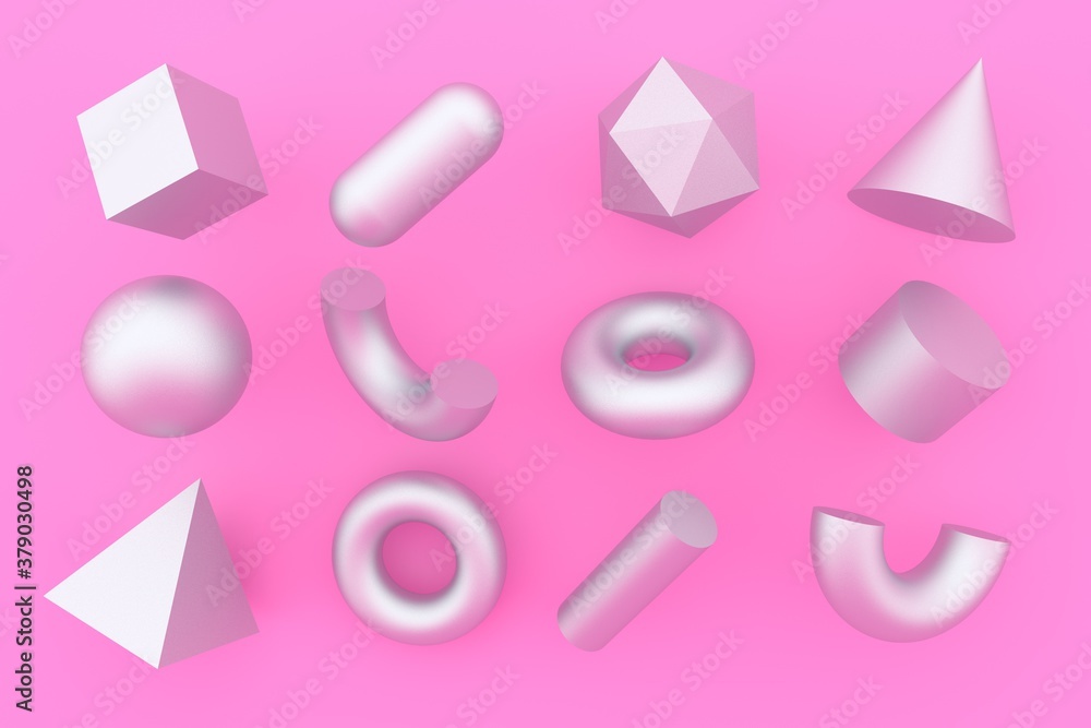 Poster Set of 3d render realistic primitives on pink background. Isolated graphic elements: sphere, torus, cube, icosahedron and other geometric shapes.