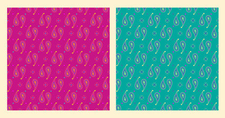 Beautiful seamless modern paisley patterns on a pink and turquoise backgrounds. Each pattern in its individual layer. Pattern swatches included in the EPS10 file. There are no effects, transparencies,