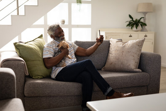 Black African American Senior man holding his dog having a video chat on smartphone at home