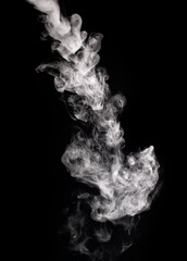 Descending stream of white smoke swirls chaotically in whimsical patterns on a black background