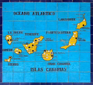 Image of the spanish Canary Islands painted on ceramic tiles in the Spain Square of Seville, with the map of the archipielago in the Atlantic Ocean