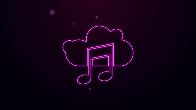 Glowing neon line Music streaming service icon isolated on purple background. Sound cloud computing, online media streaming, song, audio wave. 4K Video motion graphic animation.