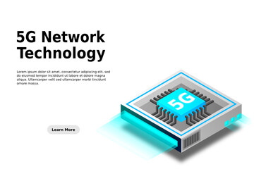 5G network processor illustration. Mobile wireless internet of next generation. Isometric futuristic micro chip. micro chip illustration. PC mainboard illustration background. 3D isometric hardware.