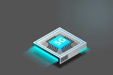 5G network processor illustration. Mobile wireless internet of next generation. Isometric futuristic micro chip. micro chip illustration. PC mainboard illustration background. 3D isometric hardware.