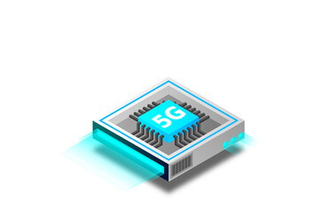 5G network processor illustration. Mobile wireless internet of next generation. Isometric futuristic micro chip. micro chip illustration. PC mainboard illustration background. 3D isometric hardware.