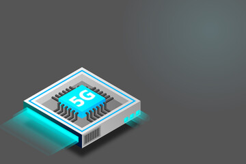 5G network processor illustration. Mobile wireless internet of next generation. Isometric futuristic micro chip. micro chip illustration. PC mainboard illustration background. 3D isometric hardware.