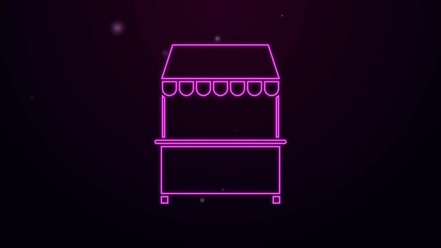 Glowing neon line Street stall with awning and wooden rack icon isolated on purple background. Kiosk with wooden rack. 4K Video motion graphic animation.