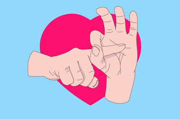 Sex gesture and making love - Two hands making a sexual hand gesture in front of red heart. Sexual education, lovers, intercourse, and making baby concept. Vector illustration.