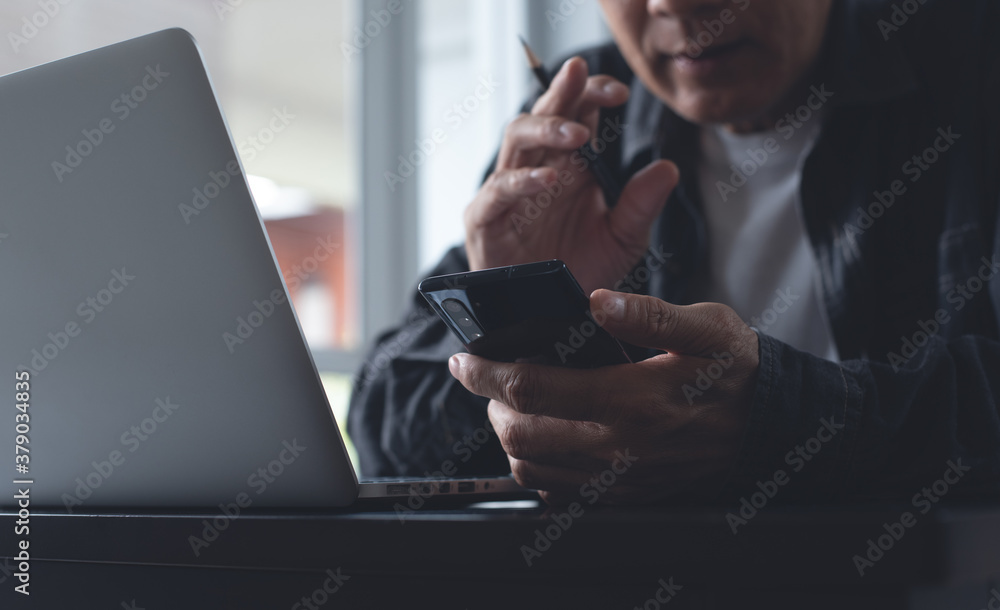 Poster business man using mobile phone making facetime video calling via zoom online meeting app while onli