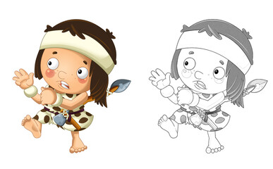cartoon sketch scene with happy caveman barbarian warrior