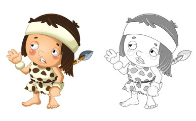 cartoon sketch scene with happy caveman barbarian warrior