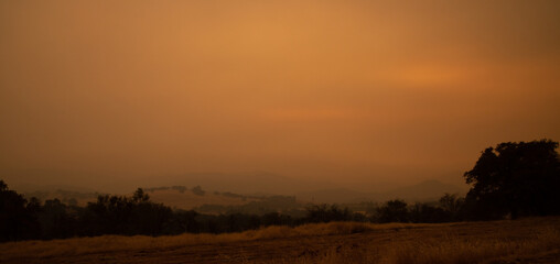 Panorama of Dark Orange Smoke Filled Sky Over Central Valley California