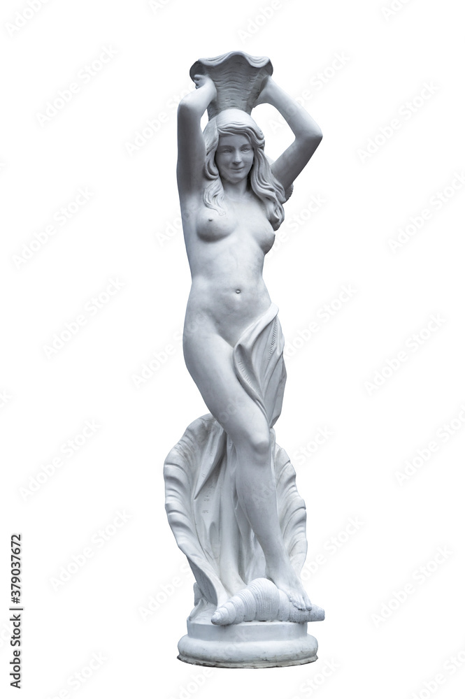 Wall mural antique marble statue of a girl with a jug on her head, isolated on white background