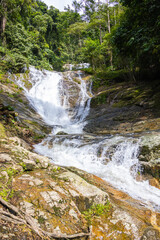Waterfall in the rainforest of the Cameron Highlands, Malaysia. A rainforest river tumbles down the rocky abyss. Water splashes on the rocks. Masses of water poured over stones and flow into a stream