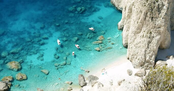 View from rock of Keri blue lagoon with pleasure boats from the top n Zakynthos (Zante) island, in Greece