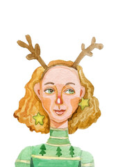 Girl and Christmas, Christmas cap, sweater, Santa's reindeer, watercolor illustration