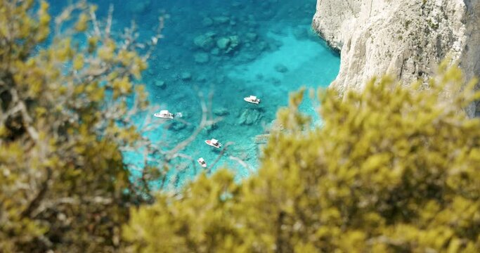 View of Keri blue lagoon with pleasure boats from the top n Zakynthos (Zante) island, in Greece