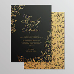 Wedding invitation card with floral ornament. Botanical gold ornament. Vector illustration.