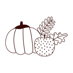 hello autumn, fresh pumpkin apple and leaves cartoon white background line style