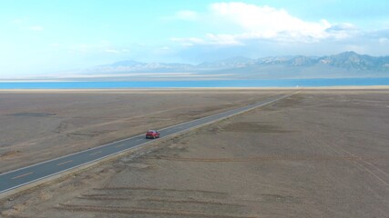 aerial view of road to the lake 