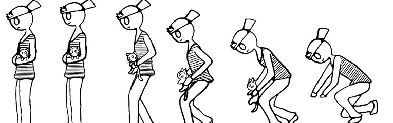 Animación agachándose recogiendo gato