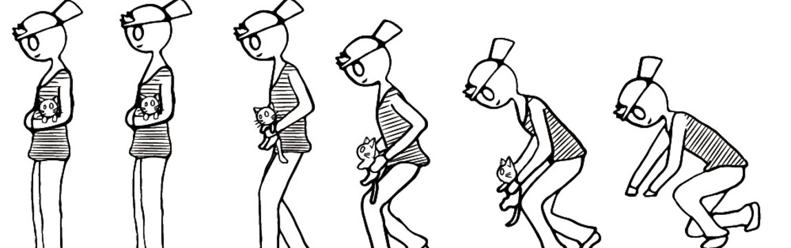 Animaci&oacute;n agach&aacute;ndose recogiendo gato