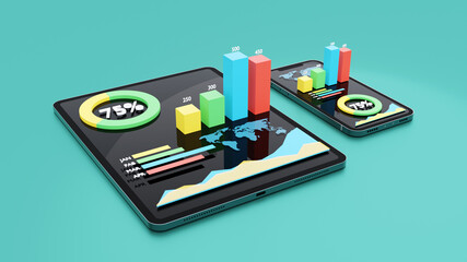 Dashboard charts and graphs, Business data on tablets and smartphone - 3d render illustrator