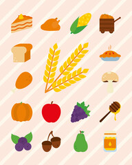 wheat and thanksgiving icon set, flat style