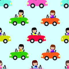 Afwasbaar Fotobehang Autorace Meisje rijden auto naadloze patroon cartoon vector