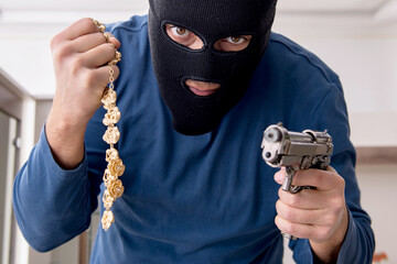 Male robber stealing valuable things from the house
