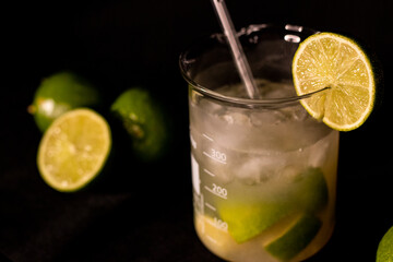 Brazilian Caipirinha. Lemon, ice, sugar and cachaça. Fruit cocktail with alcohol. 