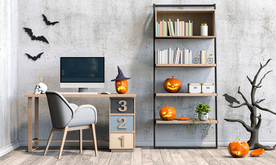 Halloween party interior living room with desktop computer and pumpkins. 3D render