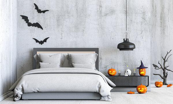 3D render of Halloween party in bed room pumpkins, jack-o-lantern