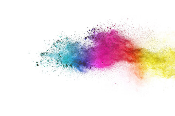 Colorful powder explosion on white background. Colored cloud.