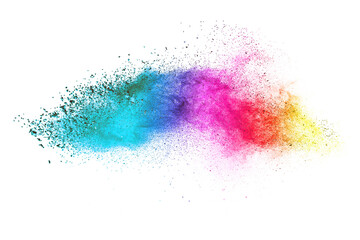 Colorful powder explosion on white background. Colored cloud.