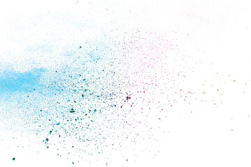 Colorful powder explosion on white background. Colored cloud.