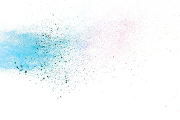 Colorful powder explosion on white background. Colored cloud.