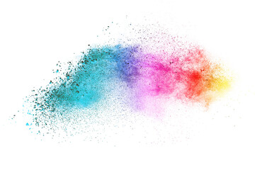 Colorful powder explosion on white background. Colored cloud.