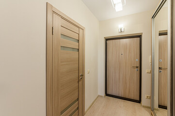 Russia, Moscow- April 10, 2020: interior room apartment modern bright cozy atmosphere. general cleaning, home decoration, preparation of house for sale. room doors, repair corridor